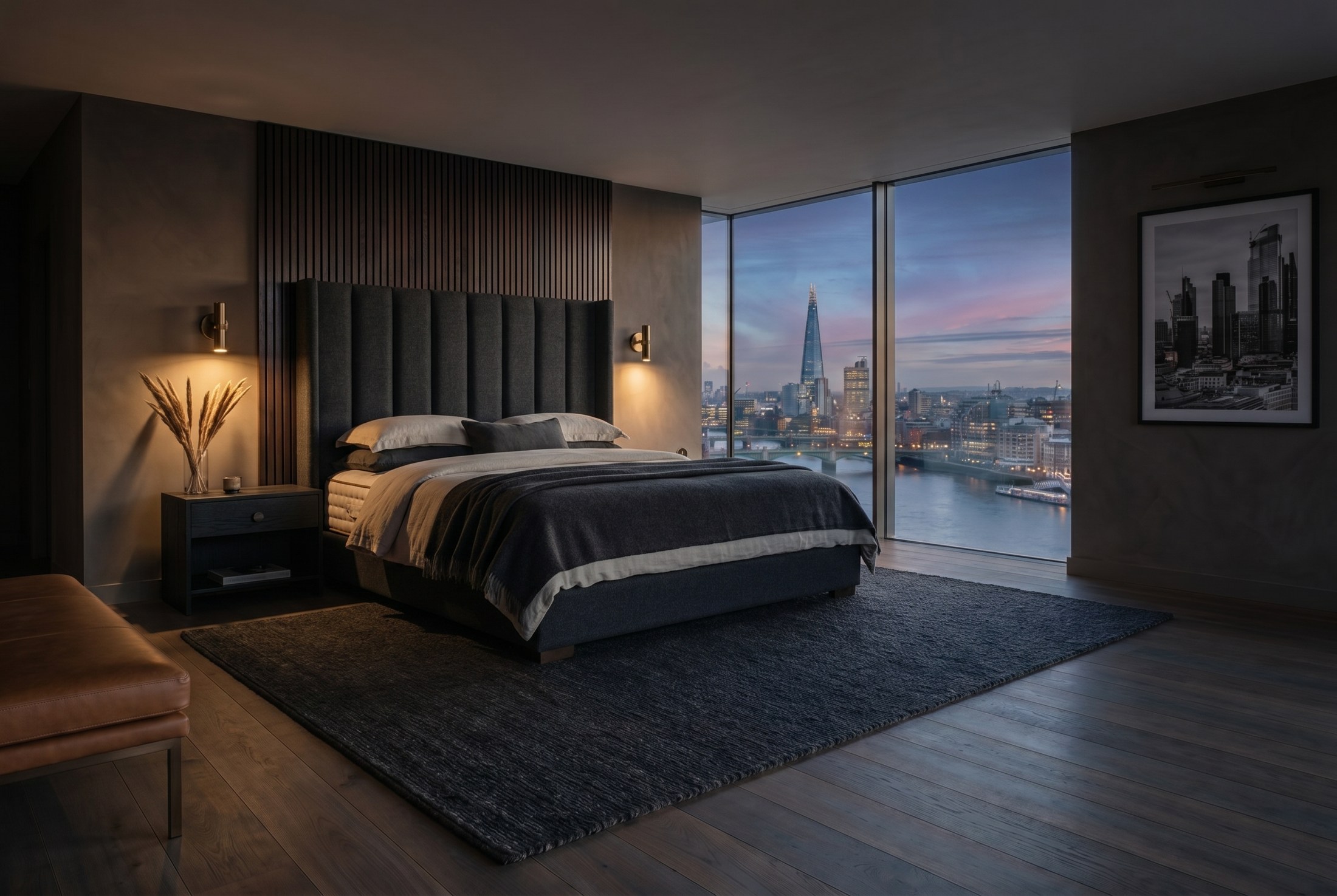 A Millbrook bed in a London penthouse at dusk